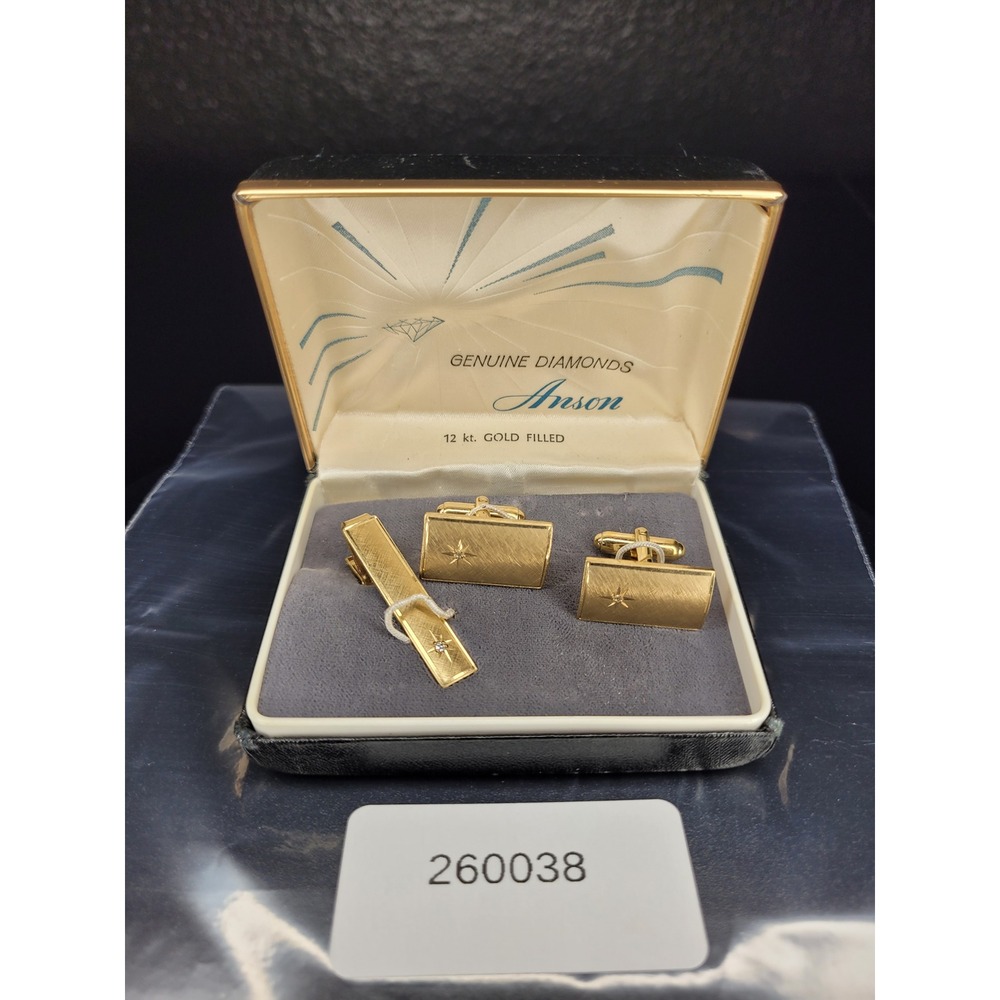 Anson Cufflink Tie Bar Set Gold Tone 12kt Gold Filled Genuine Diamond Starburst
